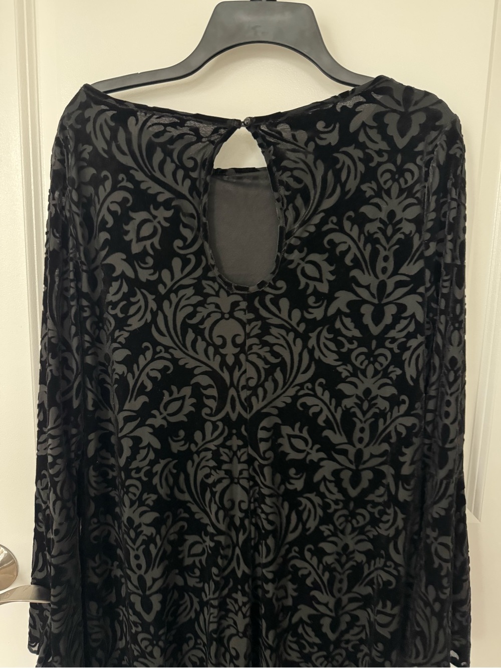 Black Burnout Velvet Long Sleeve Dress bell sleeves - Picture 5 of 8
